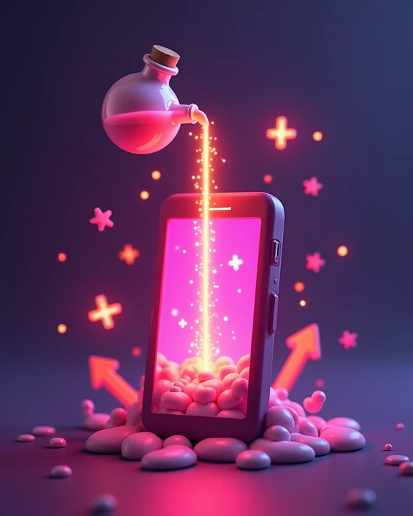Une fiole flottante déverse la potion Abonnix dans un téléphone qui se remplit et se booste, des signes plus et des flèches jaillissent autour
